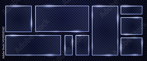 Collection of futuristic neon tech glass frames square shape. Vector 3d illustration.