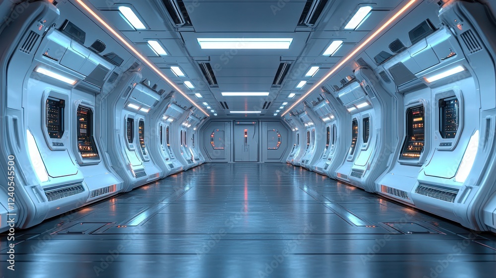 Obraz premium Futuristic spaceship corridor; glowing, servers