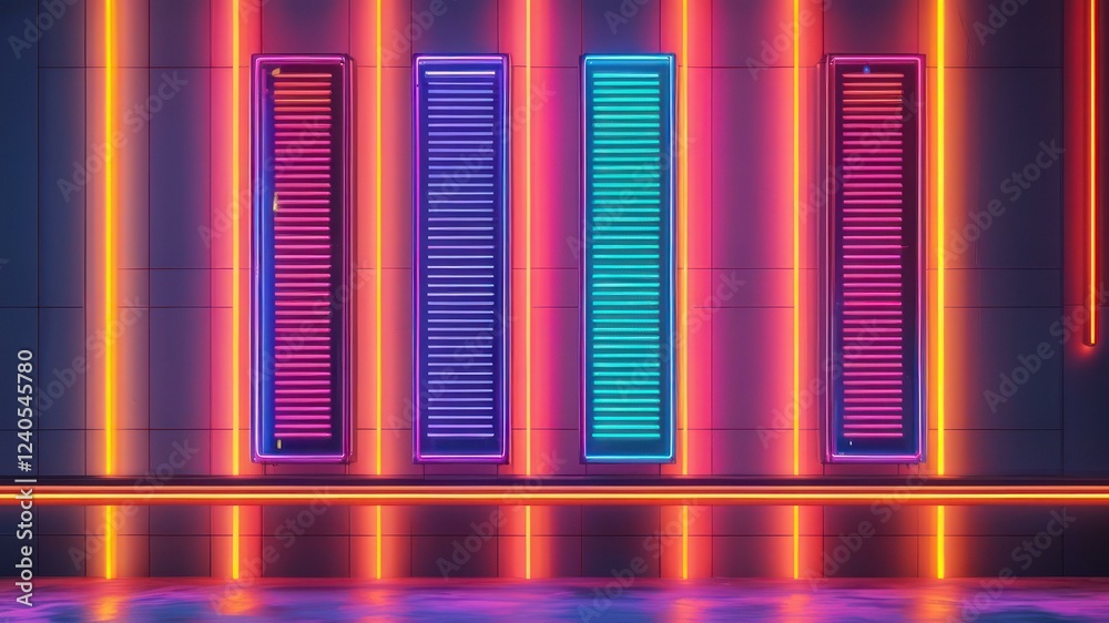 Fototapeta premium Colorful neon wall with illuminated panels and reflections