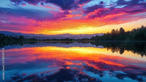 Stunning sunset reflection over a calm lake with vibrant colors