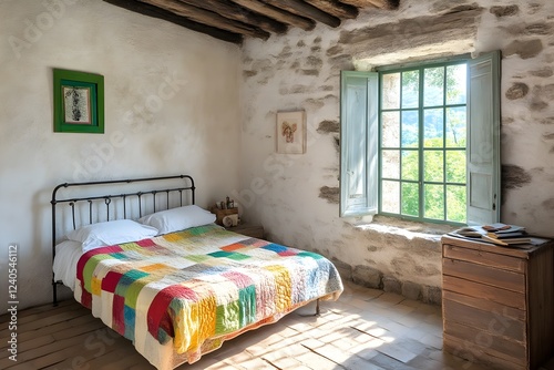 Rustic Charm: A patchwork quilt graces a farmhouse bedroom, sunlight streaming through a window. photo