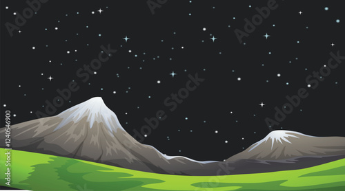 Meadow with grass, pond, conifers and hills on horizon at night. Vector illustration of summer landscape of field or pasture with plants, lake, full moon and stars in dark sky