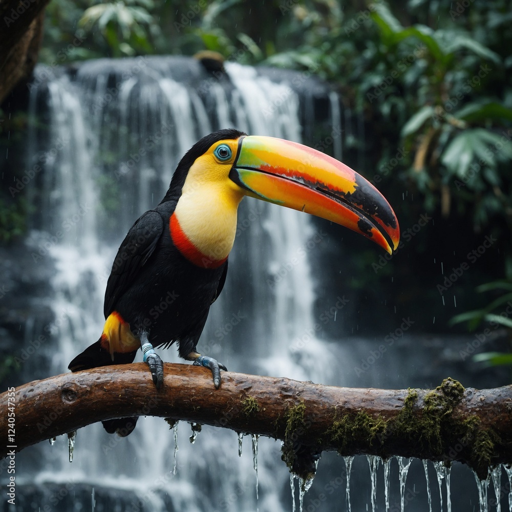 A toucan with a large beak sitting on a branch with a waterfall in the background. A toucan with a large beak sitting on a branch with a waterfall in the background.