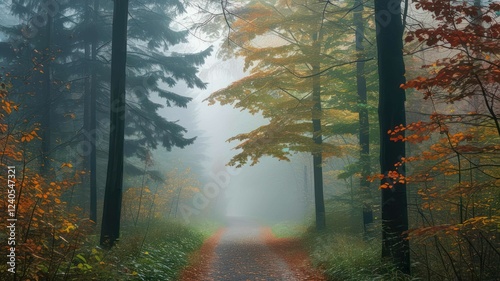 A serene forest pathway surrounded by autumn foliage and mist