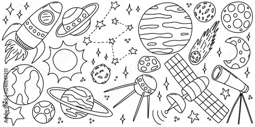 Space doodle set in hand drawn style. Vector space elements, rocket, planets, stars, asteroids, ufo set