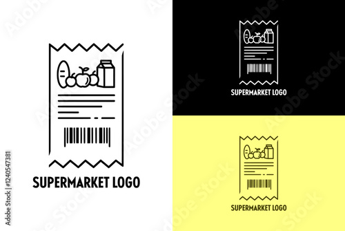 illustration of a receipt with a barcode, grocery store, online shopping, superstore, gourmet, supermarket, mart, shopping mall, organic foods, farmers market, online delivery, logo, icon, vector