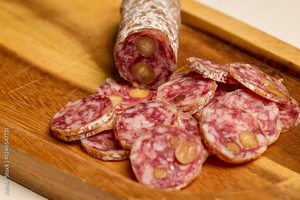 slices of fuet salami with walnuts on a wooden chopping board slices of fuet salami with walnuts on a wooden chopping board