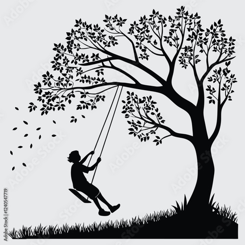 A person on a swing hanging from a tree image vector art and illustration