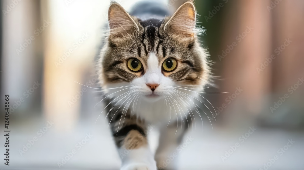 A close-up of a curious cat walking towards the camera, showcasing its striking eyes and fluffy fur against a blurred background. A close-up of a curious cat walking towards the camera, showcasing its striking eyes and fluffy fur against a blurred background.