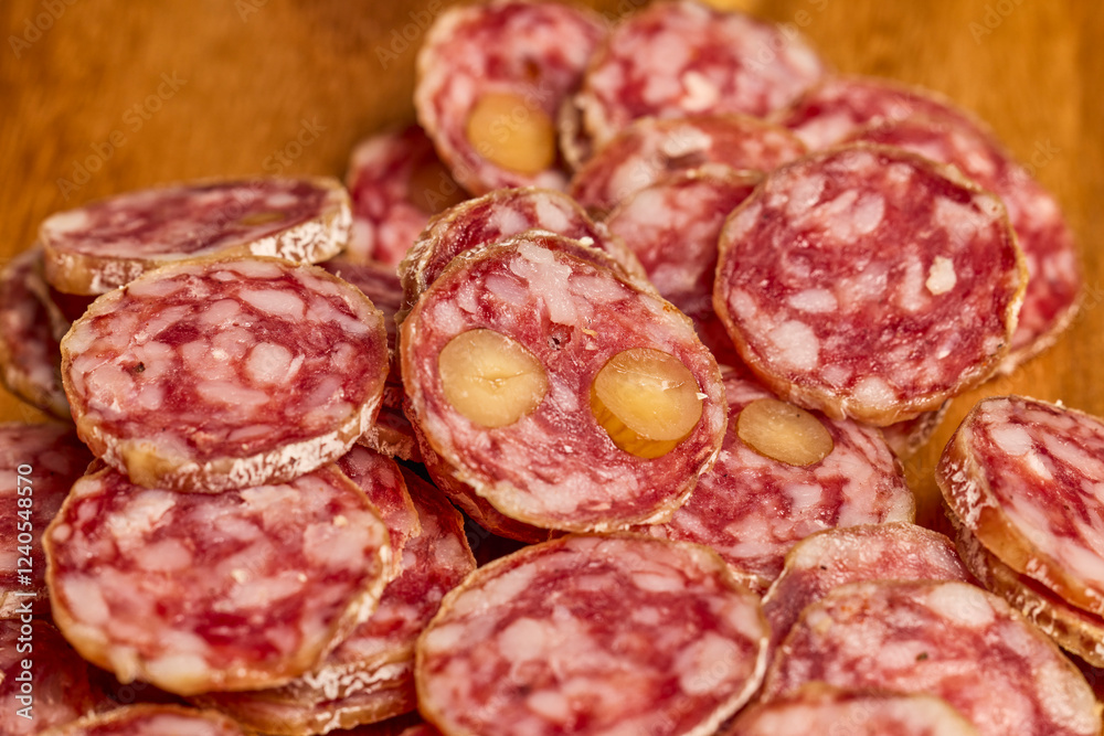 slices of fuet salami with walnuts on a wooden chopping board slices of fuet salami with walnuts on a wooden chopping board
