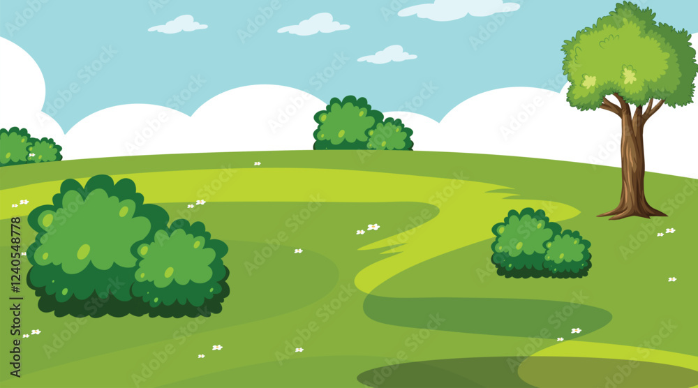 Obraz premium Spring mountain landscape with lake and colorful flowers. Vector cartoon illustration of majestic rocky peaks, green hills and valley, blue pond under sunny sky with clouds.