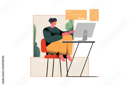 Freelance Worker is Using a Desktop Illustration