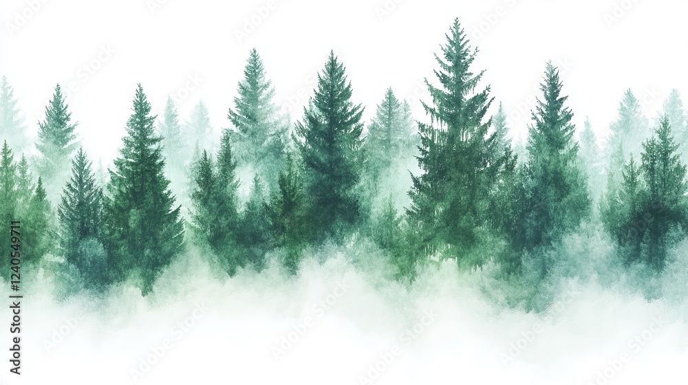 Obraz premium Silhouetted Forest Line Fading into Mist on a White Background in Serene Natural Landscape