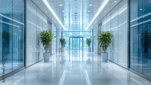 Wallpaper Mural Modern Office Hallway Interior Design: Clean Lines, Glass Walls, and Tranquil Plants Torontodigital.ca
