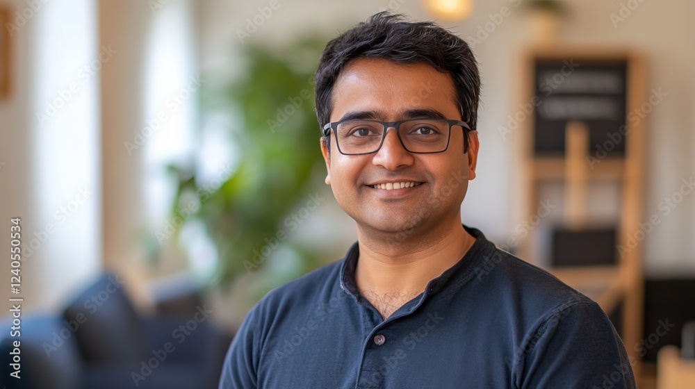 Obraz premium Indian Man Smiling in Modern Office Environment with Natural Light and Green Plants