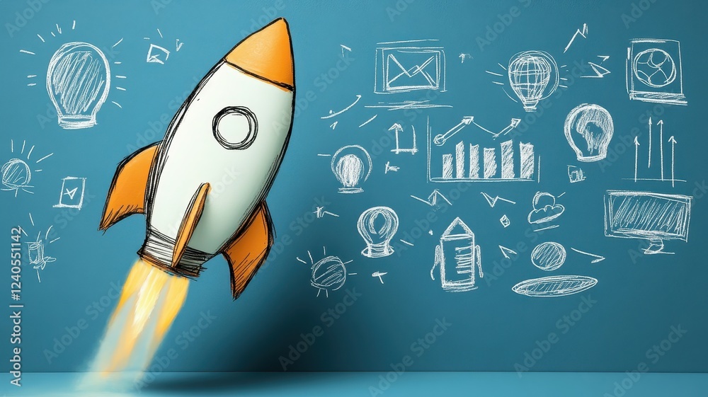 Naklejka premium Rocket sketch launching in business context creative design digital workspace inspirational ideas