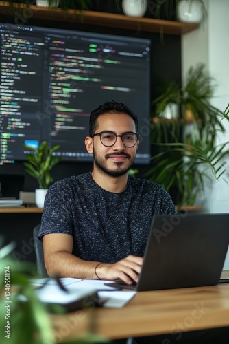 Arabic man developing code for web projects in modern office environment with plants