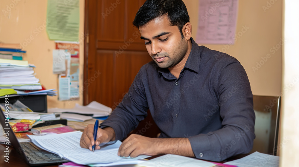 Indian Man Reviewing Important Documents at Desk While Working Diligently in an Office Setting Indian Man Reviewing Important Documents at Desk While Working Diligently in an Office Setting