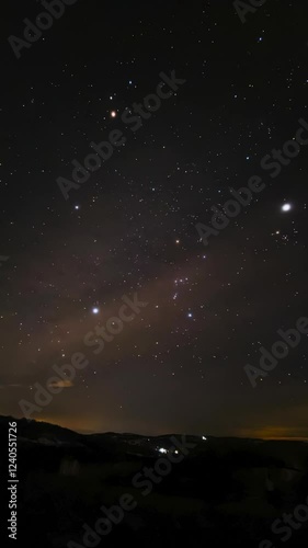 Countryside silhouettes and Milky Way time-lapse twinkling stars on a dark night photo