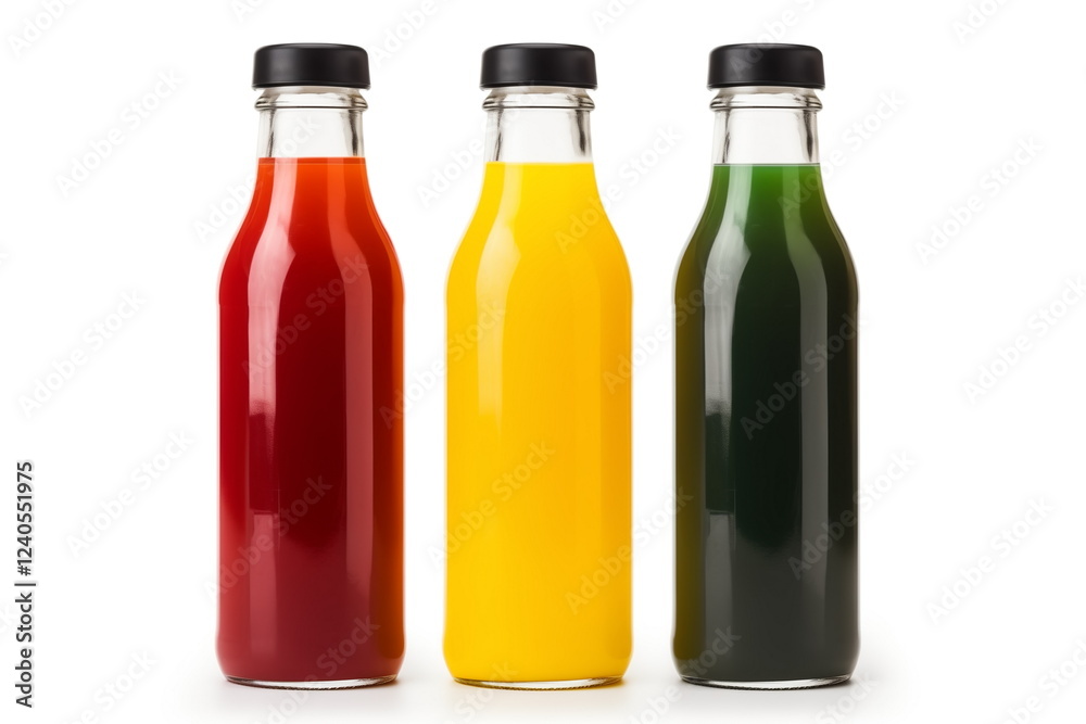 three small bottles with vegetable or fruit juice isolated on white background. three small bottles with vegetable or fruit juice isolated on white background.