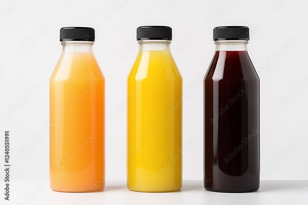 three small bottles with vegetable or fruit juice isolated on white background. three small bottles with vegetable or fruit juice isolated on white background.