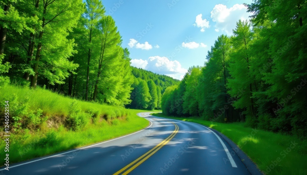 Obraz premium Curving asphalt road disappearing into a vibrant green forest under a clear blue sky , countryside, curve