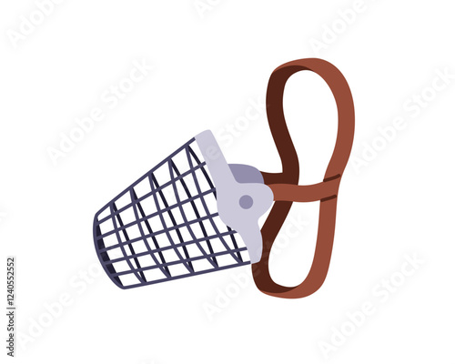 Dog muzzle for protection and safety. Pet accessory with from safe metal grid for control and bite prevention. Protective canine gear. Flat vector illustration isolated on white background