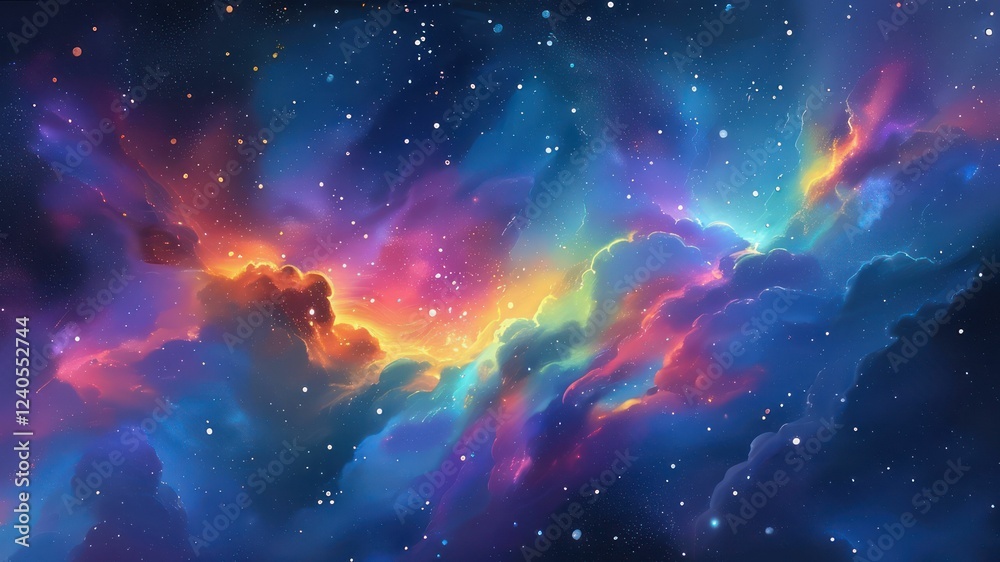 Naklejka premium A vibrant cosmic scene filled with colorful clouds and stars