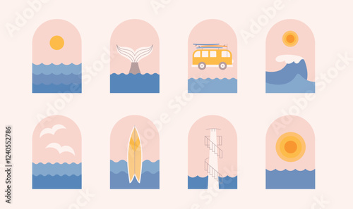 Retro summer, ocean, sea, surfing, vanlife banner. Aesthetic marine frame for t short pattern, sticker, merch vector templates. Cute shortboard, sunset, waves