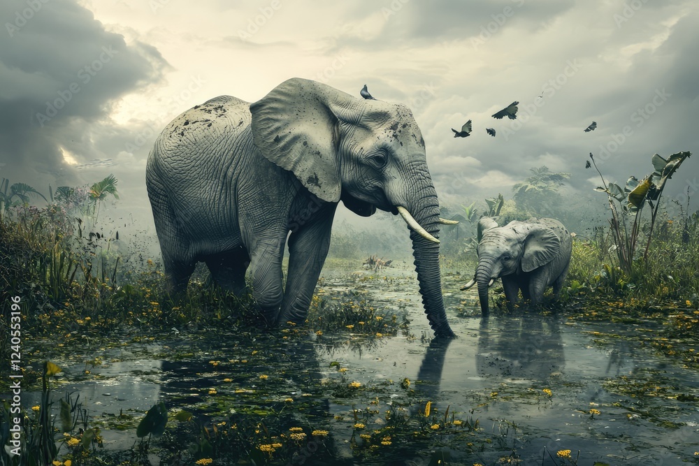 Fototapeta premium Elephants in tranquil water with birds in the background