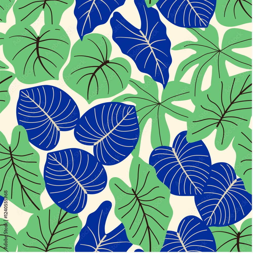 Fototapeta premium Abstract seamless tropical pattern with bright plants and leaves on a beige background. Botanical leaf seamless vector floral pattern background. Seamless botanical pattern with plants.