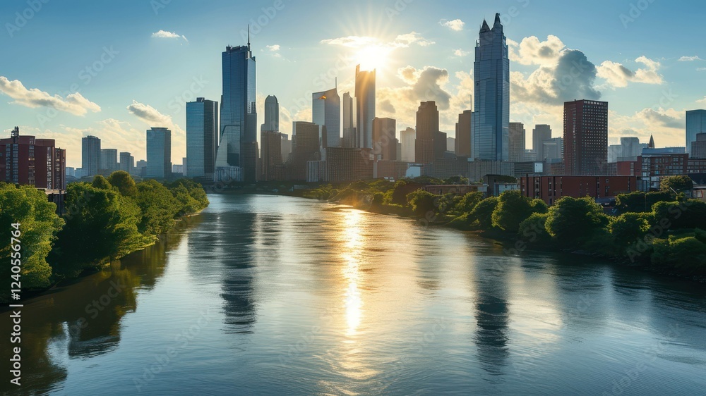 Obraz premium City skyline at sunset reflecting over a calm river