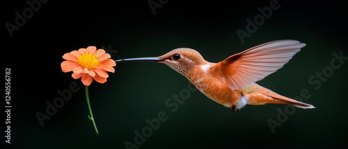 Eco-Chic Nature Visual Close-Up of Rare Hummingbird in Mid-Flight with Bloom in Forest - Sustainable Wildlife Art and Conservation Communication photo