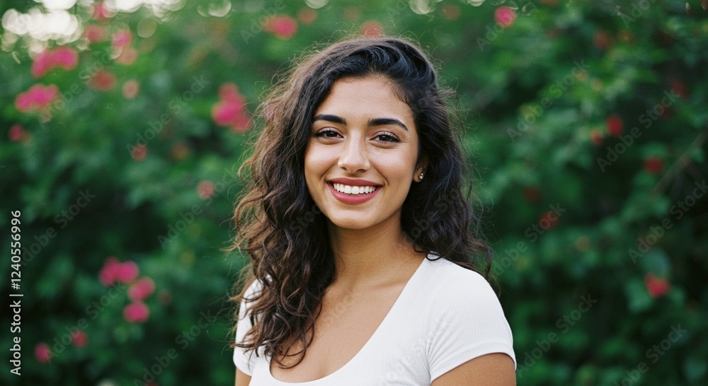 Smiling Woman Portrait Outdoors Green Background Smiling Woman Portrait Outdoors Green Background