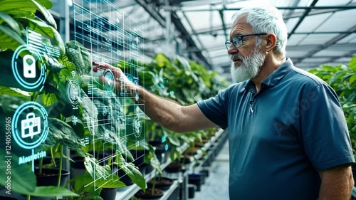 An experienced farmer uses digital tools in a high-tech greenhouse to monitor plant growth, emphasizing sustainability and innovation.