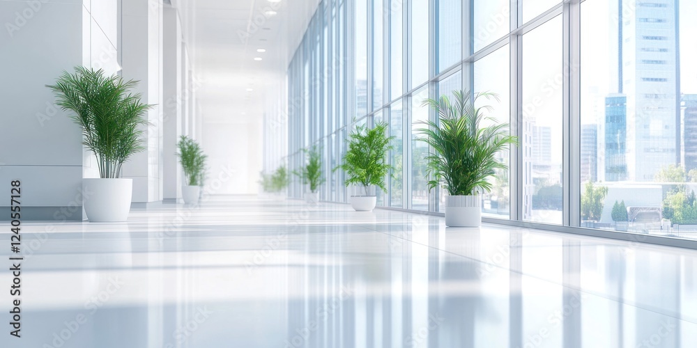 Fototapeta premium Modern Office Corridor with City View: A Bright and Serene Workspace