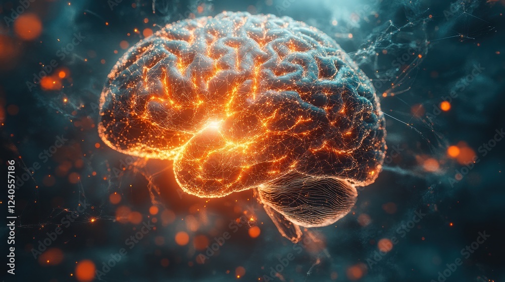 Fototapeta premium Glowing brain, neural network, dark space, energy, concept art