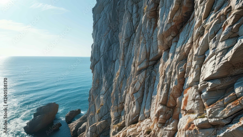 Fototapeta premium A rocky coastline with cliffs and calm ocean waters under a clear sky