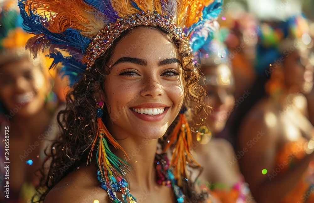 Smiling carnival dancer wearing an ornate blue and gold headdress with feathers and glittering decorations amidst confetti Generative AI Smiling carnival dancer wearing an ornate blue and gold headdress with feathers and glittering decorations amidst confetti Generative AI