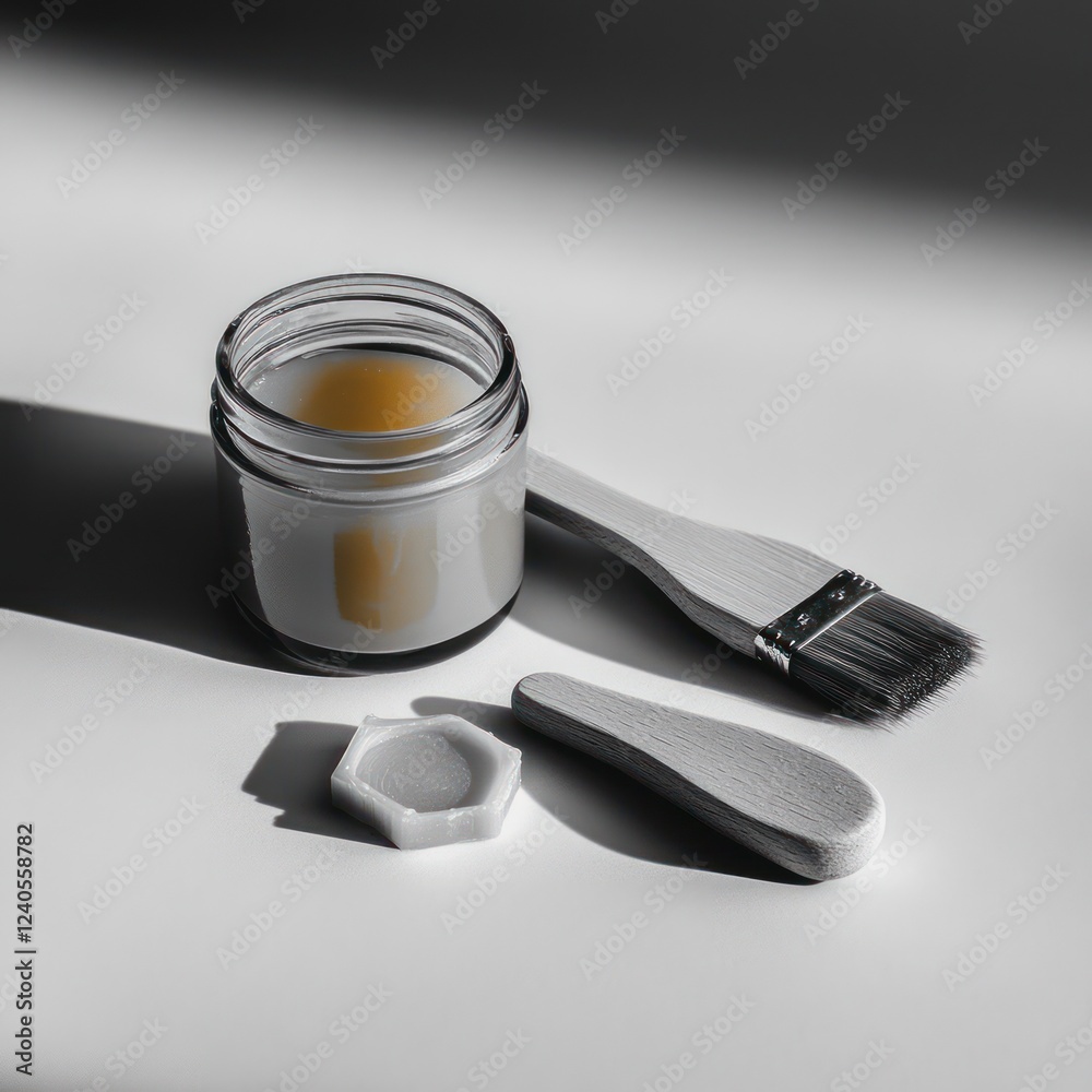 Honey skincare jar, wooden applicator, and spatula on white background Honey skincare jar, wooden applicator, and spatula on white background