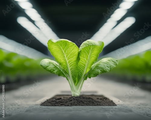 Vertical Farming Oasis Hydrated Leafy Greens in Industrial Warehouse - Sustainable Urban Agriculture and Food Innovation for Modern Cities photo