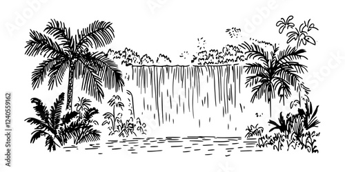 tropical waterfall with palm trees and plants in doodle hand-drawn sketch
