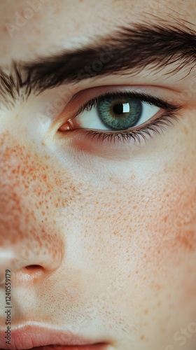 37. A close-up image of a face with a strong brow ridge and sharp cheekbones, symmetrical features, white background photo