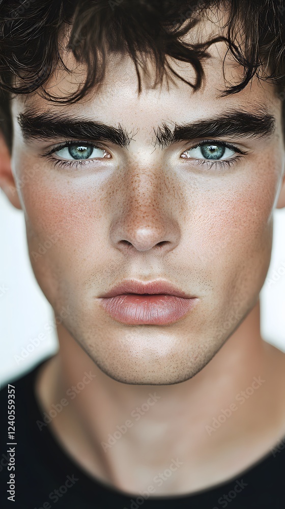 37. A close-up image of a face with a strong brow ridge and sharp cheekbones, symmetrical features, white background 37. A close-up image of a face with a strong brow ridge and sharp cheekbones, symmetrical features, white background