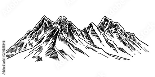 mountain range with snowy peaks in monochrome hand-drawn sketch style