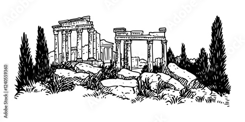 ancient ruins with columns and trees in monochrome hand-drawn sketch