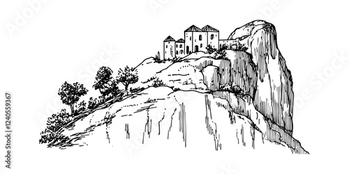 mountain monastery on cliff with trees in monochrome hand-drawn sketch