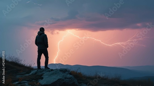 A silhouette of a person standing on a rock during a lightning storm