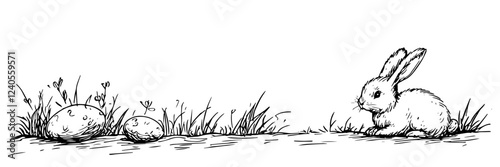 easter bunny with eggs in grassy field, hand-drawn vector illustration