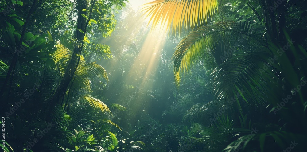 Fototapeta premium Sunbeams Illuminate Lush Tropical Rainforest Canopy